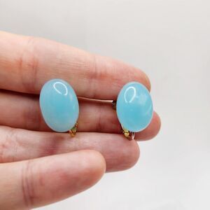 Vintage Signed Les Bernard Aqua Blue Glass Cabochon Runway Couture Clip Earrings